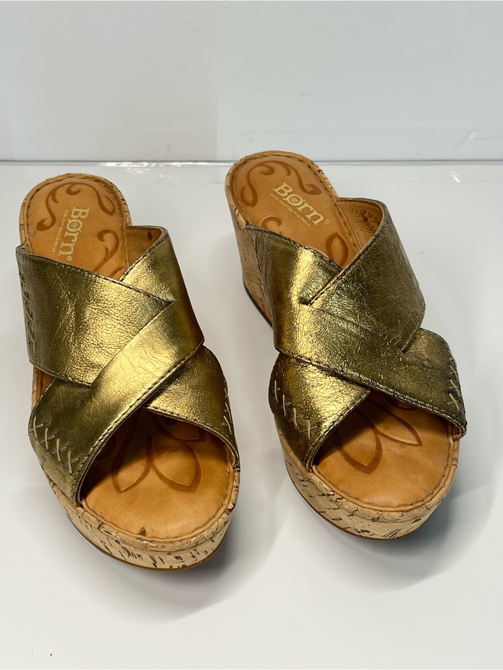 Born Metallic Gold Leather Crisscross Cork Wedge Slide Sandals Women’s Size 7M